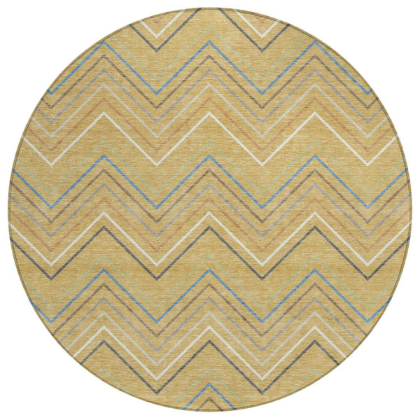 HomeRoots 8' Gold Ivory and Blue Striped Washable Area Rug - Durable Indoor/Outdoor Design for Modern Spaces 690173