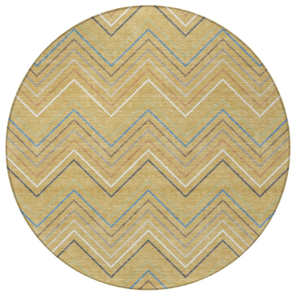 HomeRoots 8' Gold Ivory and Blue Striped Washable Area Rug - Durable Indoor/Outdoor Design for Modern Spaces 690173