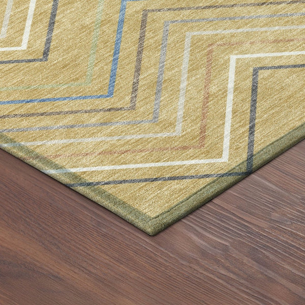 HomeRoots 8' Indoor Outdoor Area Rug - Gold, Ivory & Blue Striped Washable Design for Modern Living Spaces 690174