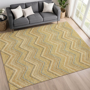 HomeRoots 10' Gold Ivory and Blue Striped Washable Area Rug – Stylish Indoor/Outdoor Durable Decor for All Spaces 690176
