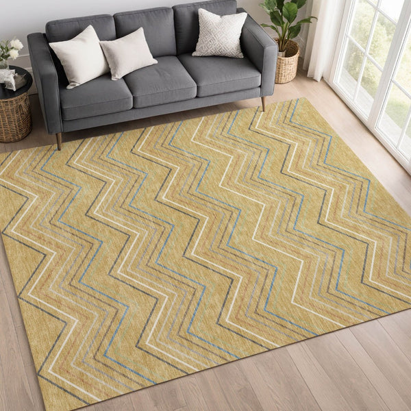 HomeRoots 10' Gold Ivory and Blue Striped Washable Area Rug – Stylish Indoor/Outdoor Durable Decor for All Spaces 690176