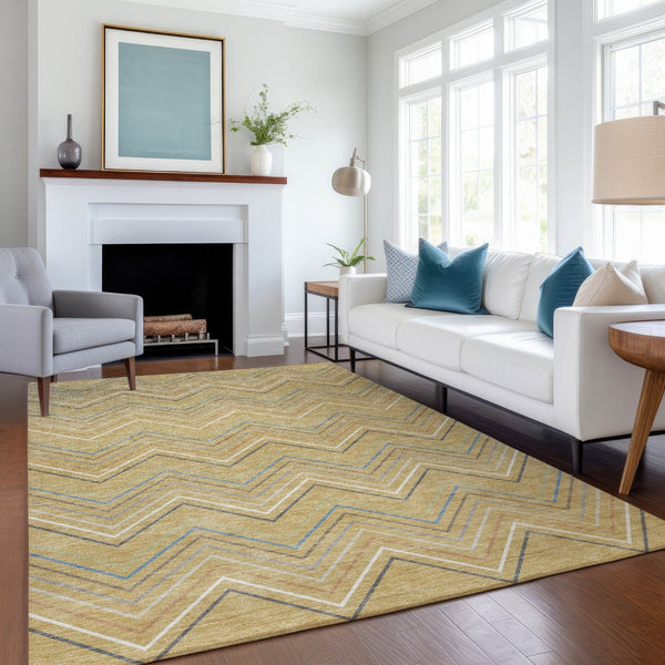 HomeRoots 10' Gold Ivory and Blue Striped Washable Area Rug – Stylish Indoor/Outdoor Durable Decor for All Spaces 690176