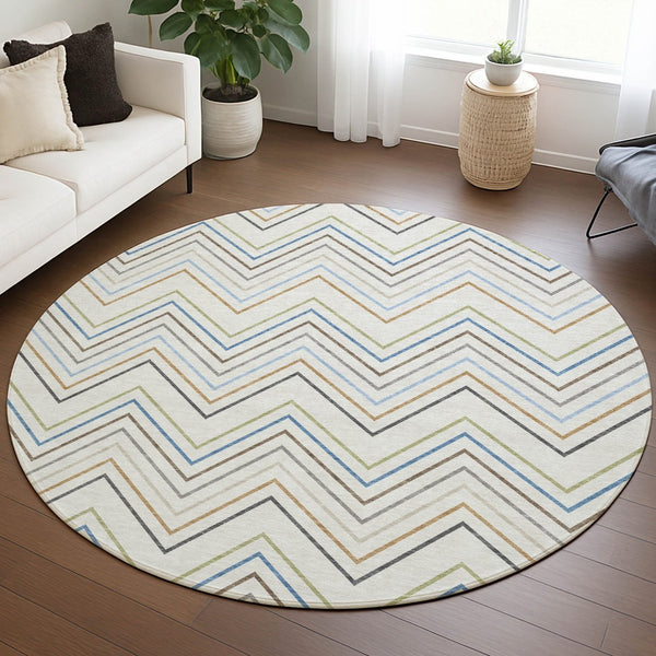 HomeRoots 8' Coastal-Inspired Round Striped Area Rug - Washable, Durable, Perfect for Indoor & Outdoor Use! 690179