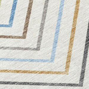 HomeRoots 9' X 12' Striped Ivory Blue Beige Washable Area Rug – Durable Indoor/Outdoor Style for Any Space 690181