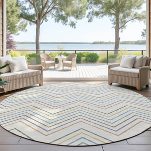 HomeRoots 8' Pacific Blue Indoor Outdoor Area Rug - Striking Striped Design, Washable & Durable for Every Space 690185
