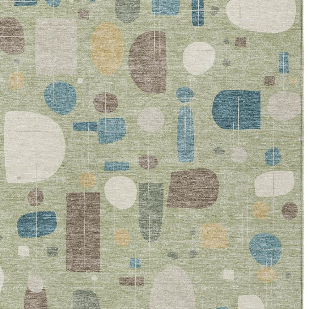 HomeRoots 5' X 8' Stylish Washable Indoor/Outdoor Area Rug in Artichoke Green, Blue & Ivory Geometric Design 690190