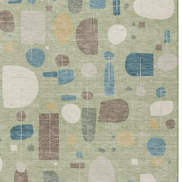 HomeRoots 5' X 8' Stylish Washable Indoor/Outdoor Area Rug in Artichoke Green, Blue & Ivory Geometric Design 690190