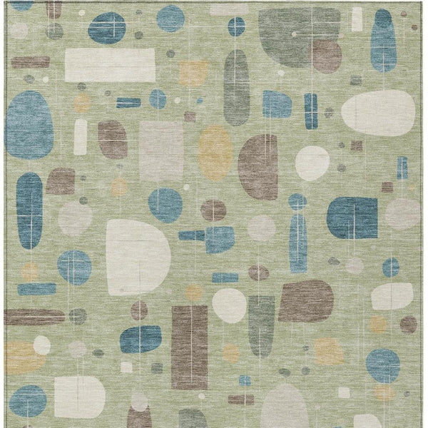 HomeRoots 5' X 8' Stylish Washable Indoor/Outdoor Area Rug in Artichoke Green, Blue & Ivory Geometric Design 690190