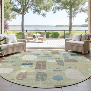 HomeRoots 8' Artichoke Green Blue Ivory Round Geometric Washable Rug - Versatile Indoor & Outdoor Decor 690191