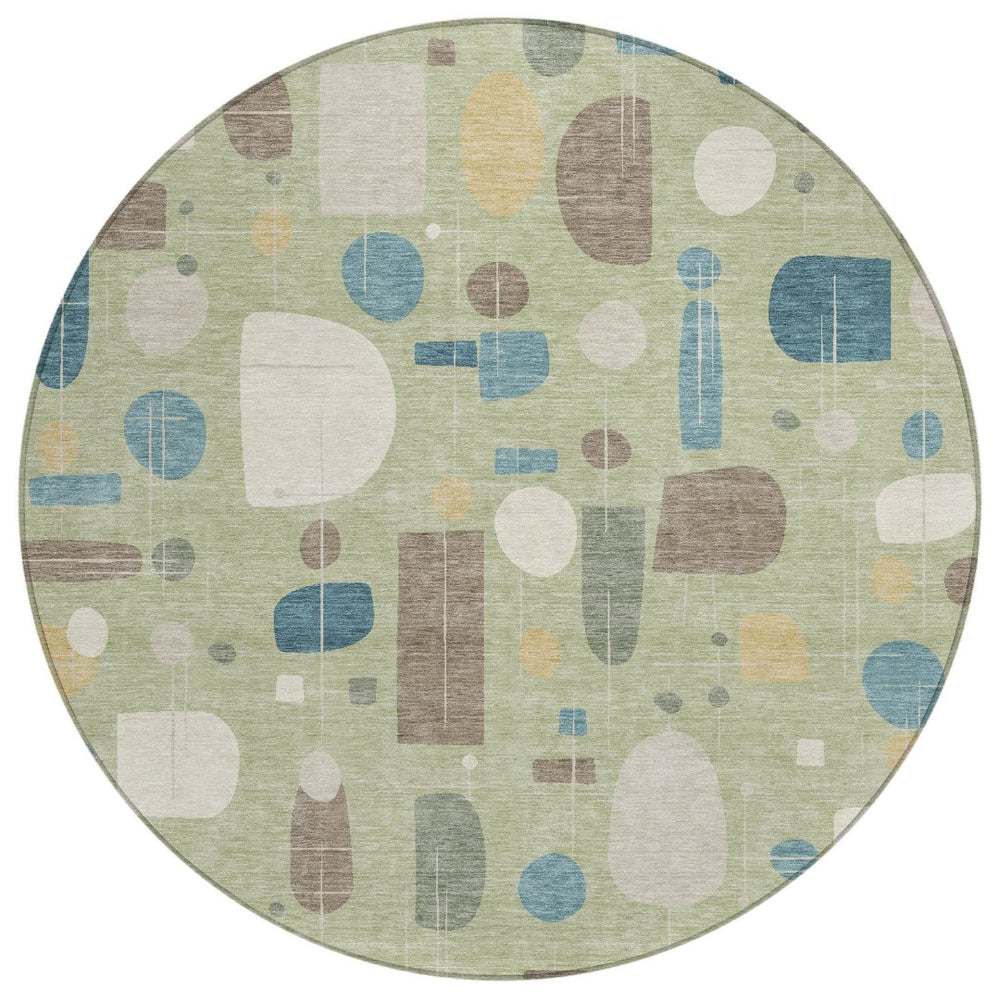 HomeRoots 8' Artichoke Green Blue Ivory Round Geometric Washable Rug - Versatile Indoor & Outdoor Decor 690191