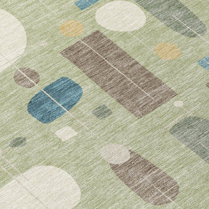 HomeRoots 8' Artichoke Green Blue Ivory Round Geometric Washable Rug - Versatile Indoor & Outdoor Decor 690191