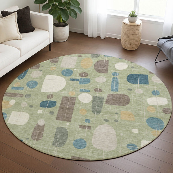 HomeRoots 8' Artichoke Green Blue Ivory Round Geometric Washable Rug - Versatile Indoor & Outdoor Decor 690191