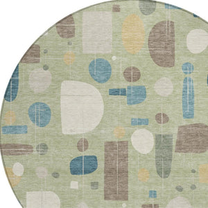 HomeRoots 8' Artichoke Green Blue Ivory Round Geometric Washable Rug - Versatile Indoor & Outdoor Decor 690191