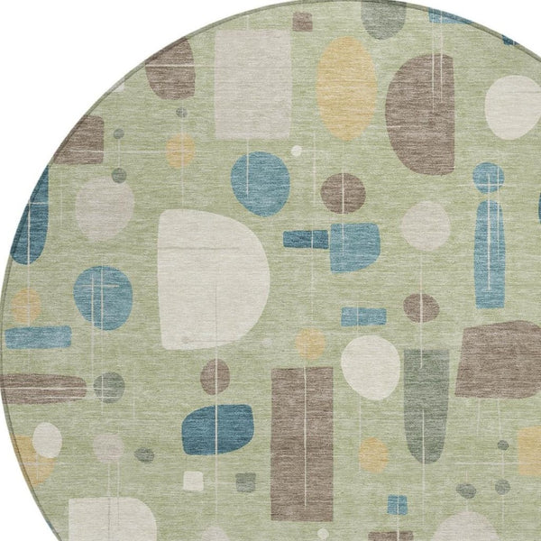 HomeRoots 8' Artichoke Green Blue Ivory Round Geometric Washable Rug - Versatile Indoor & Outdoor Decor 690191