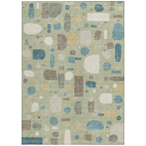 HomeRoots 10' Geometric Washable Area Rug in Artichoke Green, Blue & Ivory - Durable Indoor/Outdoor Style! 690194