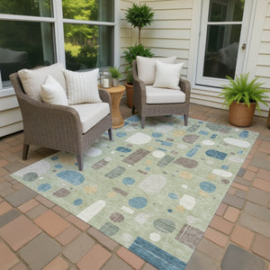 HomeRoots 10' Geometric Washable Area Rug in Artichoke Green, Blue & Ivory - Durable Indoor/Outdoor Style! 690194