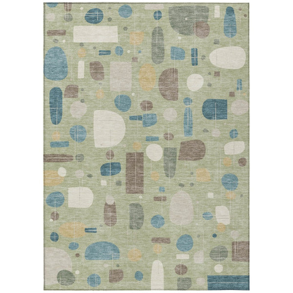 HomeRoots 10' Geometric Washable Area Rug in Artichoke Green, Blue & Ivory - Durable Indoor/Outdoor Style! 690194