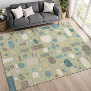 HomeRoots 10' Geometric Washable Area Rug in Artichoke Green, Blue & Ivory - Durable Indoor/Outdoor Style! 690194