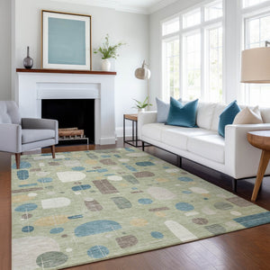 HomeRoots 10' Geometric Washable Area Rug in Artichoke Green, Blue & Ivory - Durable Indoor/Outdoor Style! 690194