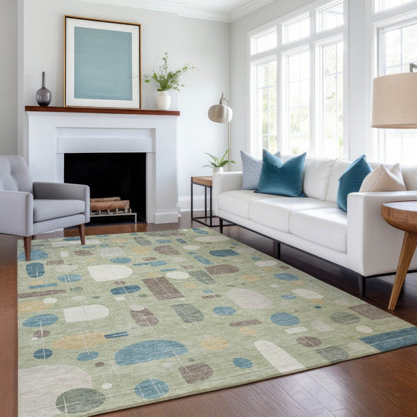 HomeRoots 10' Geometric Washable Area Rug in Artichoke Green, Blue & Ivory - Durable Indoor/Outdoor Style! 690194