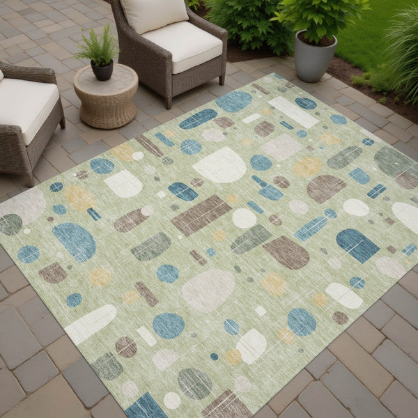HomeRoots 10' Geometric Washable Area Rug in Artichoke Green, Blue & Ivory - Durable Indoor/Outdoor Style! 690194