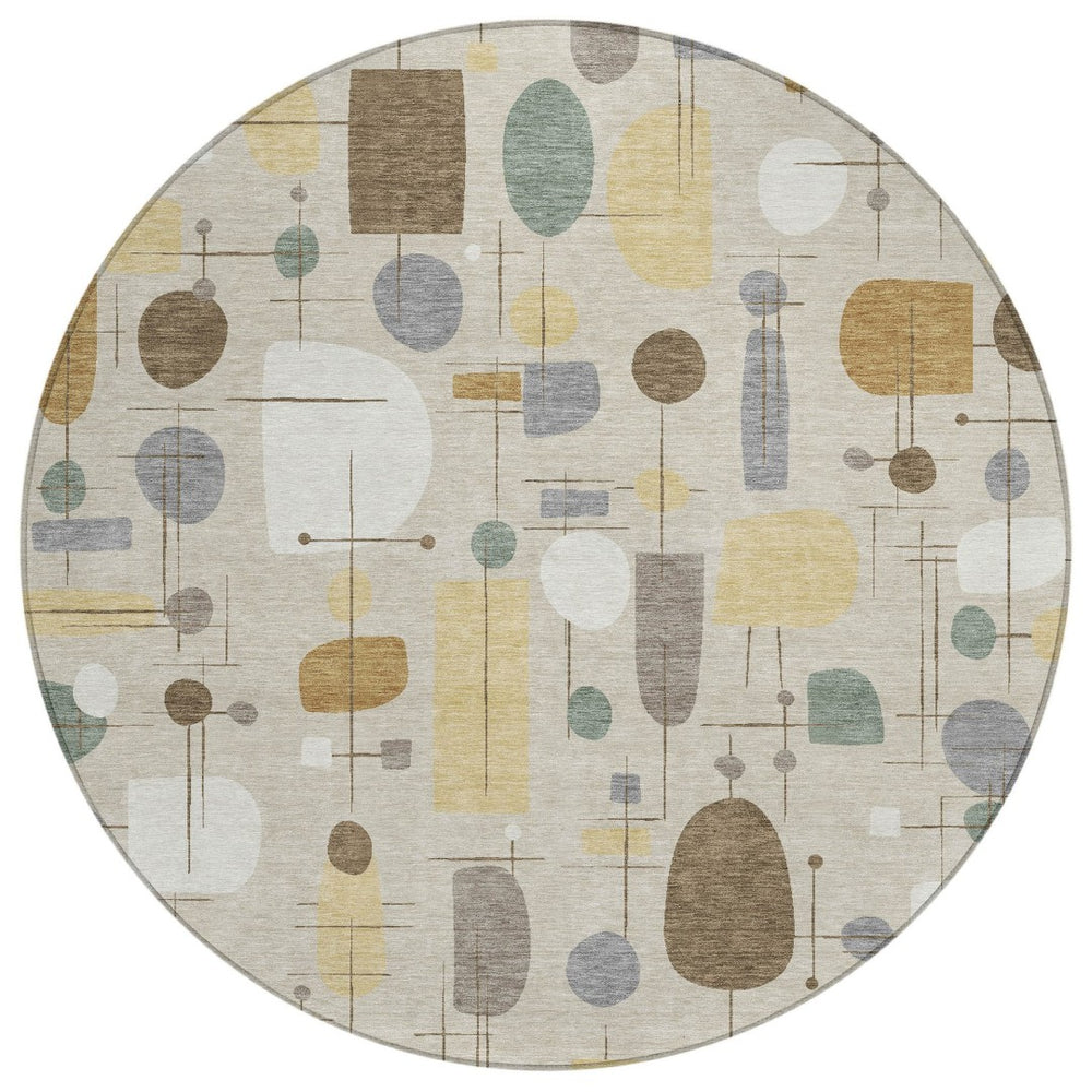 HomeRoots 8' Round Geometric Indoor Outdoor Area Rug in Beige, Brown & Gray - Modern, Washable, Stain-Resistant 690197