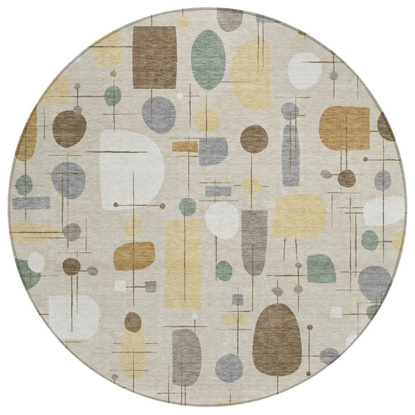 HomeRoots 8' Round Geometric Indoor Outdoor Area Rug in Beige, Brown & Gray - Modern, Washable, Stain-Resistant 690197
