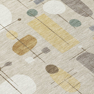 HomeRoots 8' Round Geometric Indoor Outdoor Area Rug in Beige, Brown & Gray - Modern, Washable, Stain-Resistant 690197