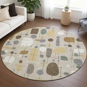 HomeRoots 8' Round Geometric Indoor Outdoor Area Rug in Beige, Brown & Gray - Modern, Washable, Stain-Resistant 690197