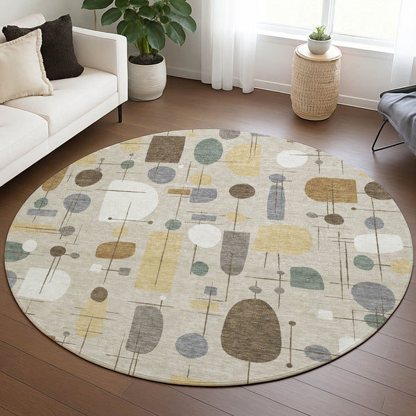 HomeRoots 8' Round Geometric Indoor Outdoor Area Rug in Beige, Brown & Gray - Modern, Washable, Stain-Resistant 690197