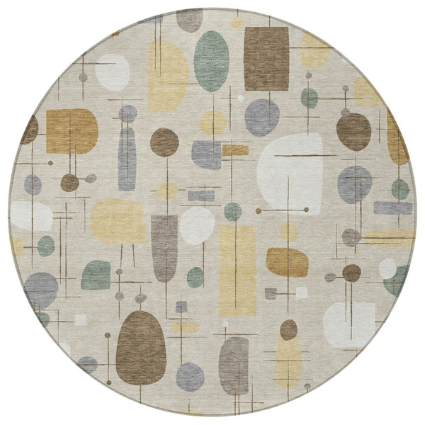 HomeRoots 8' Round Geometric Indoor Outdoor Area Rug in Beige, Brown & Gray - Modern, Washable, Stain-Resistant 690197