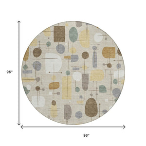 HomeRoots 8' Round Geometric Indoor Outdoor Area Rug in Beige, Brown & Gray - Modern, Washable, Stain-Resistant 690197