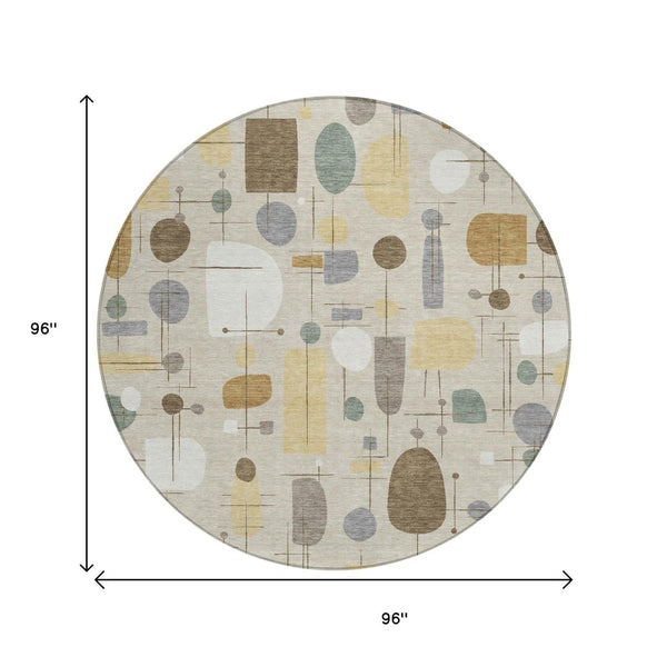 HomeRoots 8' Round Geometric Indoor Outdoor Area Rug in Beige, Brown & Gray - Modern, Washable, Stain-Resistant 690197