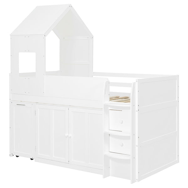 English Elm Twin House Loft Bed with Pull Out Rolling Desk Stair Drawers and Cabinet Storage White N820S00072K