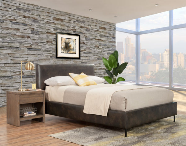Alpine Furniture Sophia Gray Faux Leather Platform Bed With Tall Padded Headboard, Metal Legs, No Box Spring Needed 6902Q-GRY