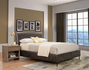 Alpine Furniture Sophia Gray Faux Leather Platform Bed With Tall Padded Headboard, Metal Legs, No Box Spring Needed 6902Q-GRY