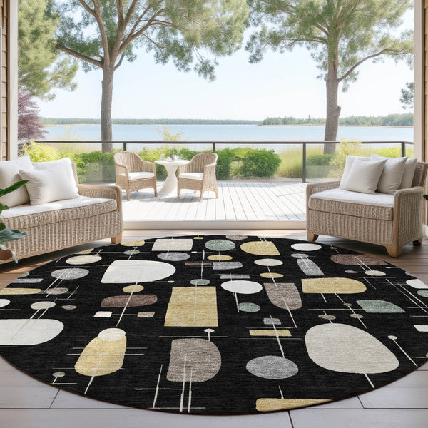 HomeRoots 8' Modern Geometric Round Washable Area Rug in Black, Brown & Gray - Indoor/Outdoor Versatility! 690203