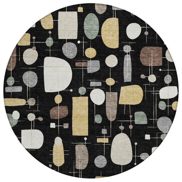 HomeRoots 8' Modern Geometric Round Washable Area Rug in Black, Brown & Gray - Indoor/Outdoor Versatility! 690203