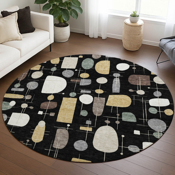 HomeRoots 8' Modern Geometric Round Washable Area Rug in Black, Brown & Gray - Indoor/Outdoor Versatility! 690203