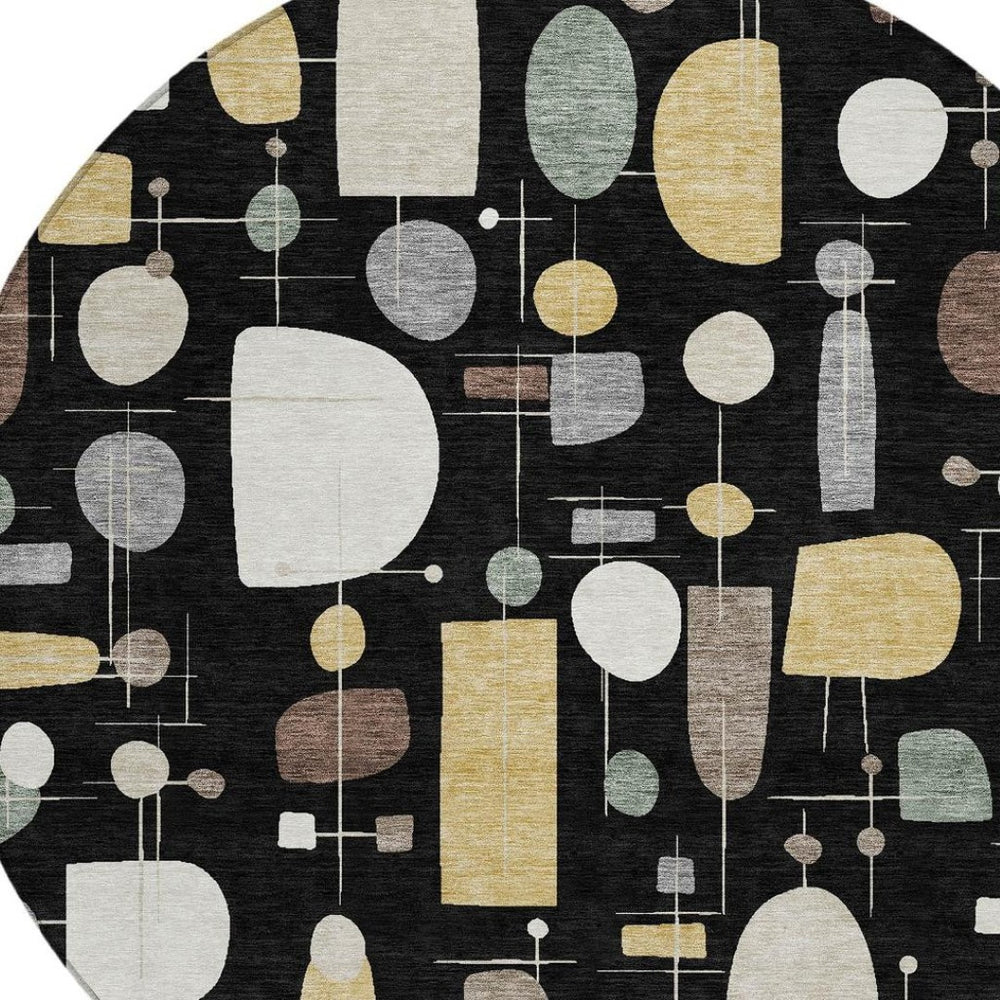 HomeRoots 8' Modern Geometric Round Washable Area Rug in Black, Brown & Gray - Indoor/Outdoor Versatility! 690203
