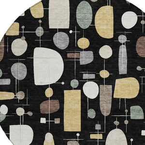 HomeRoots 8' Modern Geometric Round Washable Area Rug in Black, Brown & Gray - Indoor/Outdoor Versatility! 690203