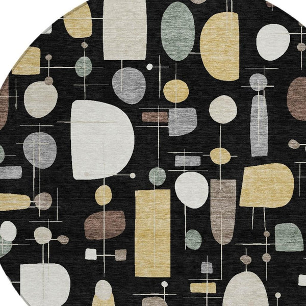 HomeRoots 8' Modern Geometric Round Washable Area Rug in Black, Brown & Gray - Indoor/Outdoor Versatility! 690203