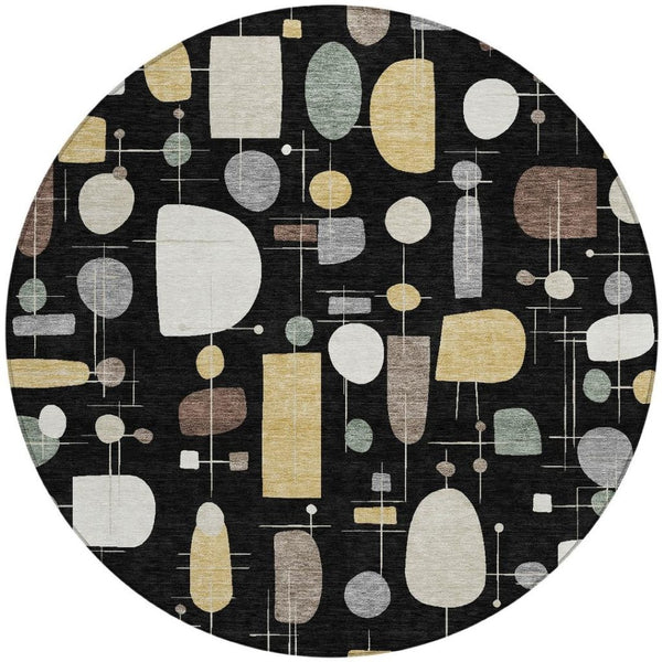 HomeRoots 8' Modern Geometric Round Washable Area Rug in Black, Brown & Gray - Indoor/Outdoor Versatility! 690203