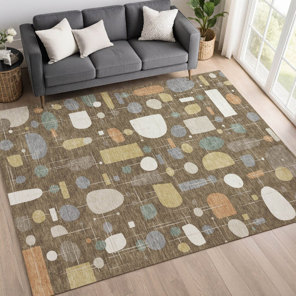HomeRoots 5' X 8' Chocolate Brown & Gray Geometric Washable Area Rug - Durable, Stylish for Indoors & Outdoors 690208
