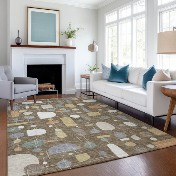 HomeRoots 5' X 8' Chocolate Brown & Gray Geometric Washable Area Rug - Durable, Stylish for Indoors & Outdoors 690208