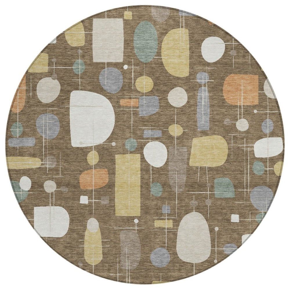 HomeRoots 8' Round Geometric Area Rug in Chocolate Brown & Gray - Washable, Durable for Indoor & Outdoor Use 690209