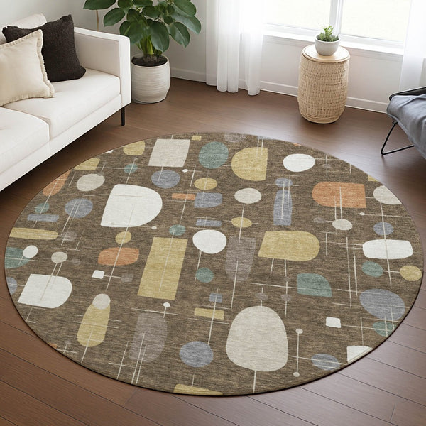 HomeRoots 8' Round Geometric Area Rug in Chocolate Brown & Gray - Washable, Durable for Indoor & Outdoor Use 690209