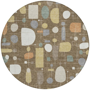 HomeRoots 8' Round Geometric Area Rug in Chocolate Brown & Gray - Washable, Durable for Indoor & Outdoor Use 690209