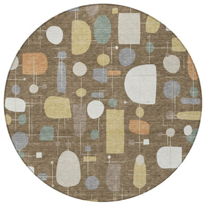 HomeRoots 8' Round Geometric Area Rug in Chocolate Brown & Gray - Washable, Durable for Indoor & Outdoor Use 690209