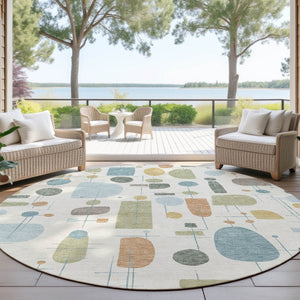 HomeRoots 8' Round Geometric Area Rug in Ivory, Blue & Green - Stylish, Washable, Indoor/Outdoor Decor! 690215
